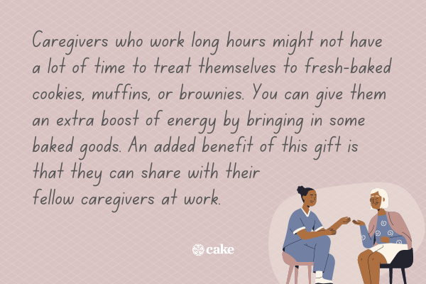 Text about a gift idea for caregivers with an image of a caregiver talking to an older person