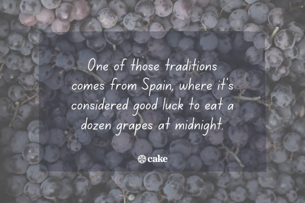 Text about eating a dozen grapes on new year's eve over an image of grapes