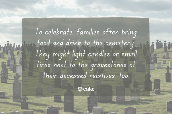 Text about visiting a cemetery on new year's eve over an image of a cemetery