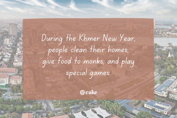 Text about new years traditions in Cambodia over an image of a city in Cambodia