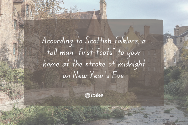 Text about new years traditions in Scotland over an image of buildings in Scotland