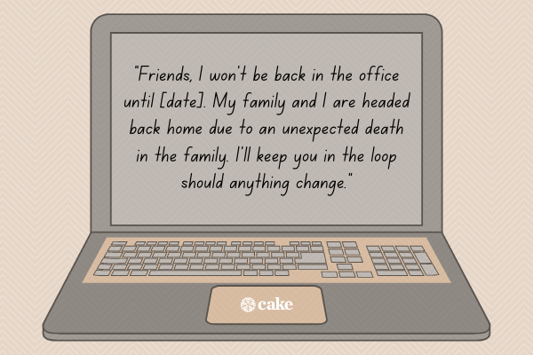 Example of an out of office message for an extended medical leave with a return date with an image of a laptop