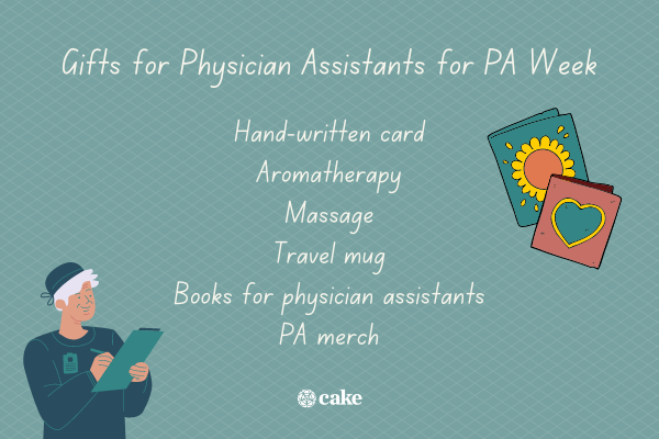 List of gifts for physician assistants with images of a medical professional and greeting cards