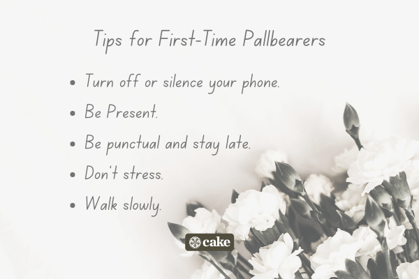 List of tips for first-time pallbearers over an image of flowers