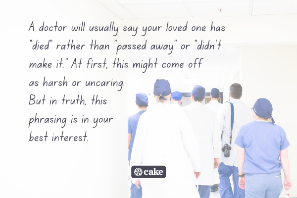 Text about how doctors talk about death over an image of a group of doctors