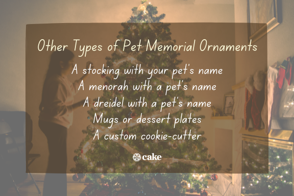 List of other types of pet memorial ornaments over an image of holiday decorations