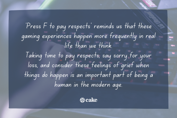 Text about the phrase "press f to pay respects" in popular culture over an image of a computer keyboard