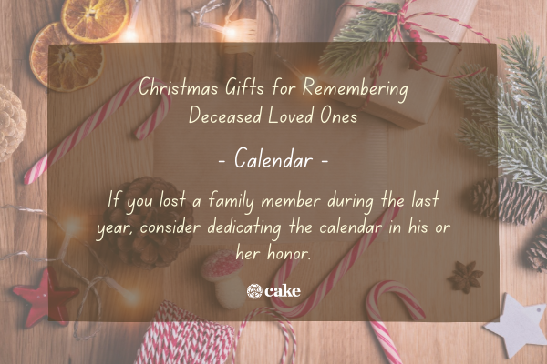 Example of a Christmas gift for remembering deceased loved ones over an image of holiday decorations