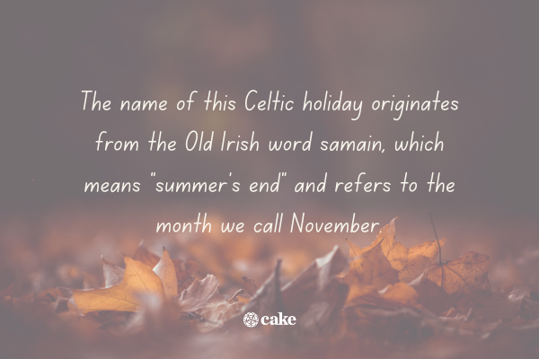 Text about the origin of Samhain with an image of leaves in the background