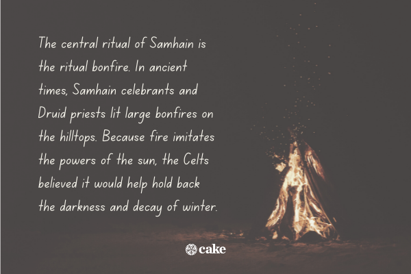 Text about Samhain rituals with an image of a bonfire in the background
