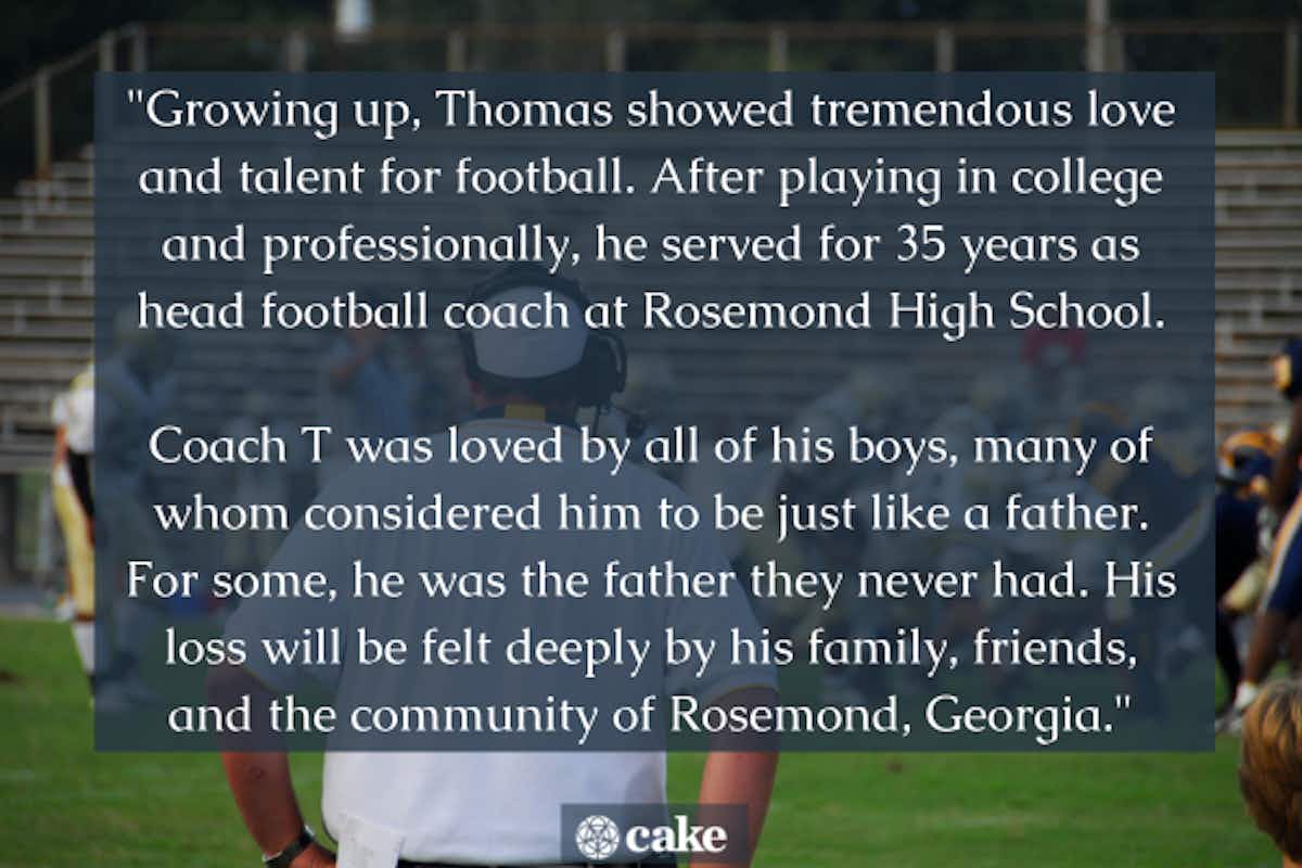 Obituary sample for a father figure over a background showing a football coach with hands on hips