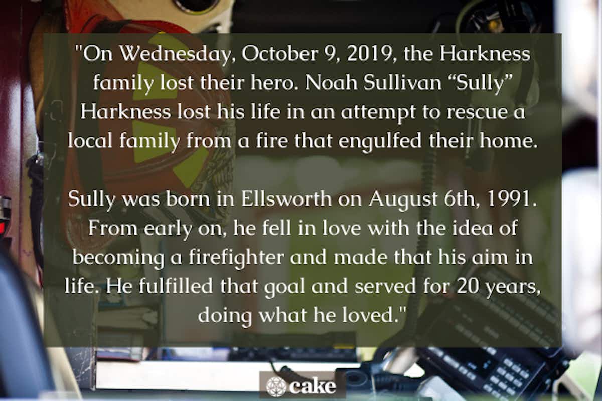 Obituary sample for a father who died unexpectedly on a background showing the driver's seat of a fire engine with a fireman's hat hanging from the headrest of the driver's seat