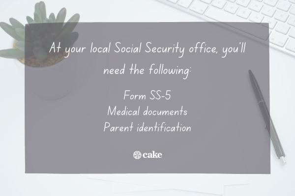 List of what to bring to the Social Security office over an image of a desk plant, pen, paper, and keyboard