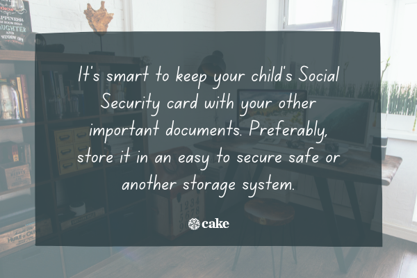 A tip on storing your child's Social Security card over an image of a home office