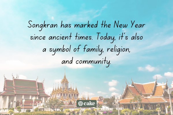 Text about Songkran over an image of a temple in Cambodia