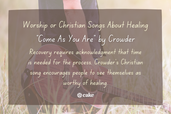 Example of a worship song about healing over an image of a person holding a guitar