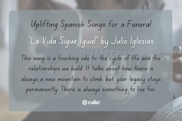 Example of an uplifting Spanish song for a funeral over an image of a person playing a guitar