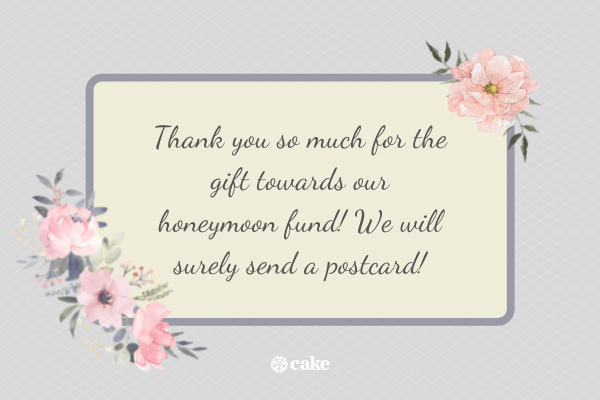 Example of a thank you note for wedding money with images of flowers and leaves