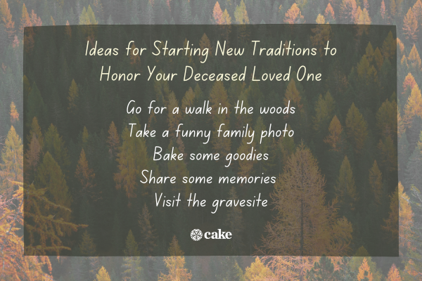 List of ideas for starting new traditions to honor your deceased loved one over an image of trees