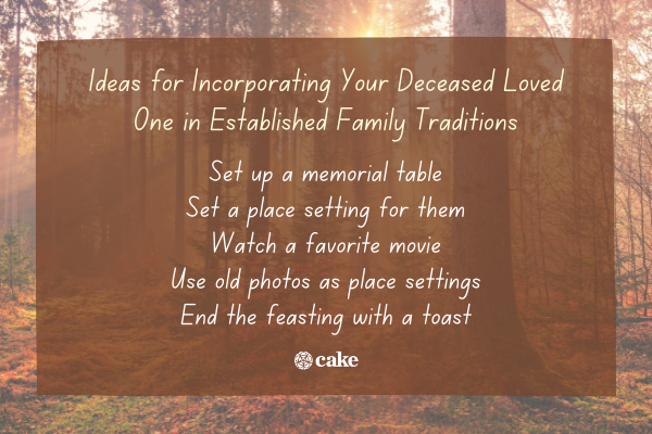 List of ideas for incorporating your deceased loved one in established family traditions over an image of trees