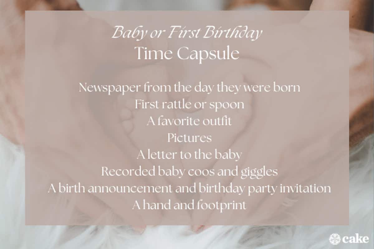 Image with ideas for baby or first birthday time capsule