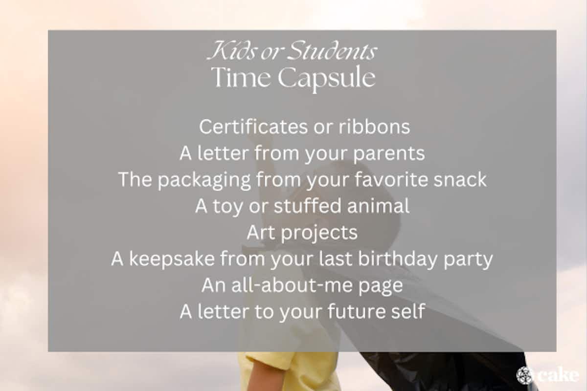 Image with ideas for time capsule for kids
