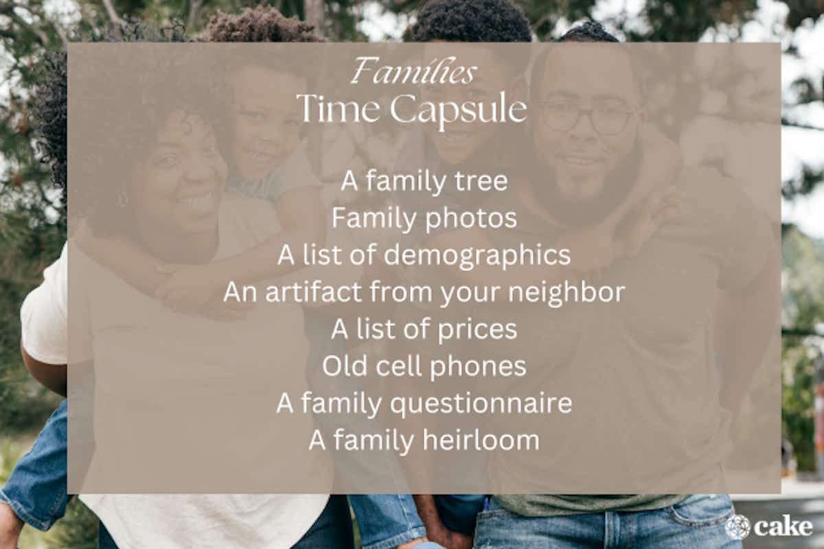 Image with ideas for time capsule for families
