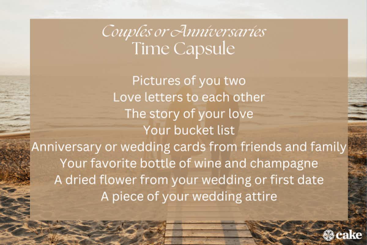 Image with ideas for time capsule for couples