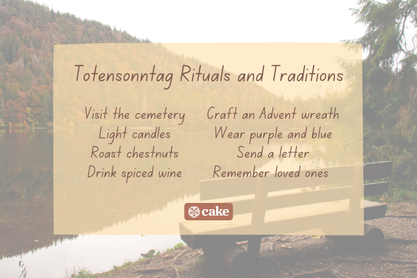 List of Totensonntag rituals and traditions over an image of a bench, trees, and a river