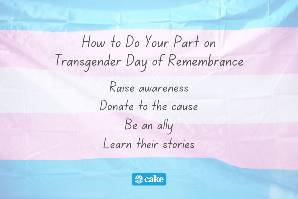 List of how to do your part on Transgender Day of Remembrance over an image of the transgender flag