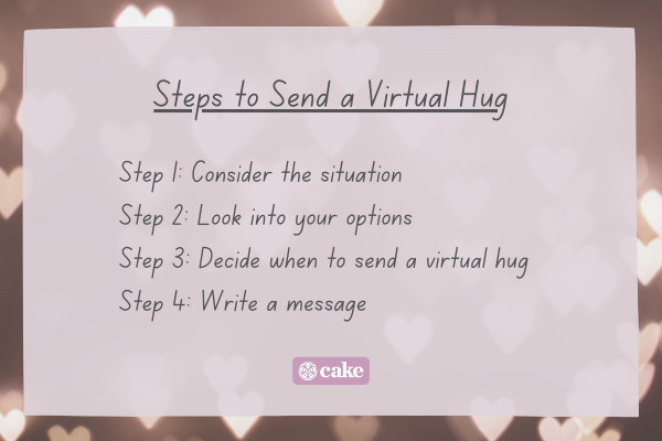 Steps to send a virtual hug with an image of hearts in the background
