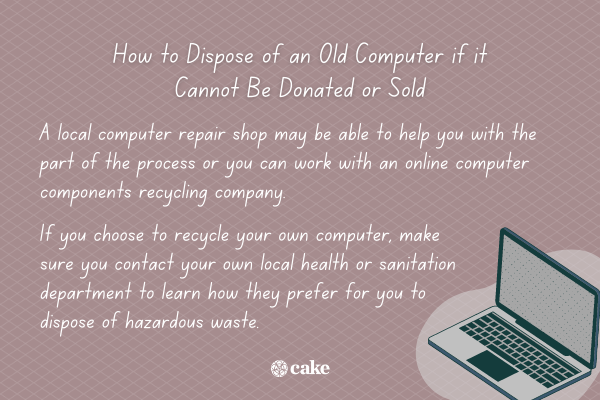 Tips on how to dispose of an old computer if it cannot be donated or sold with an image of a laptop