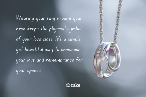 Text about wearing your wedding ring as a necklace over an image of wedding rings on a necklace chain