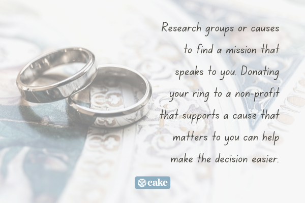 Text about donating your wedding ring over an image of wedding rings