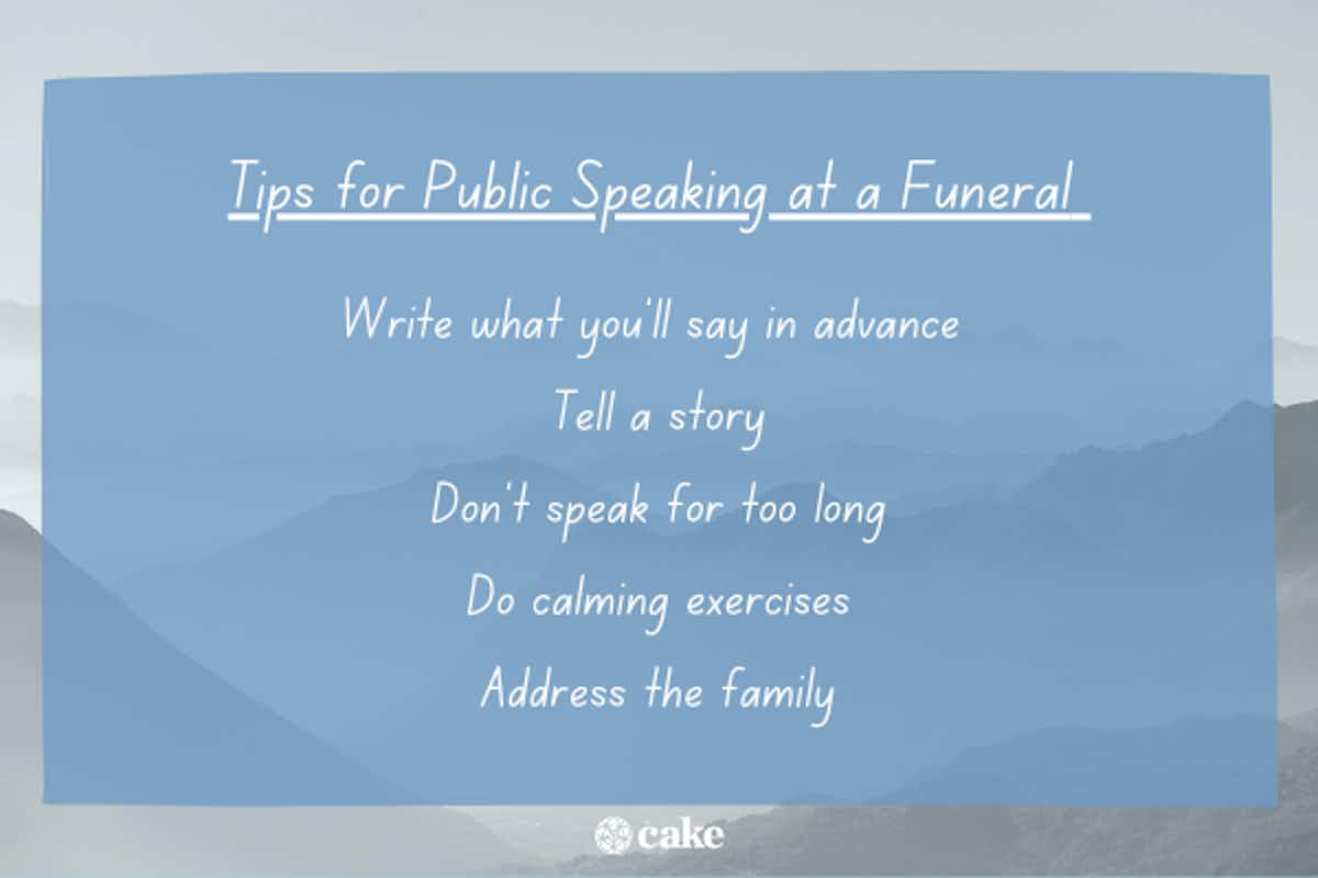 Tips for public speaking at a funeral with an image of mountains int he background