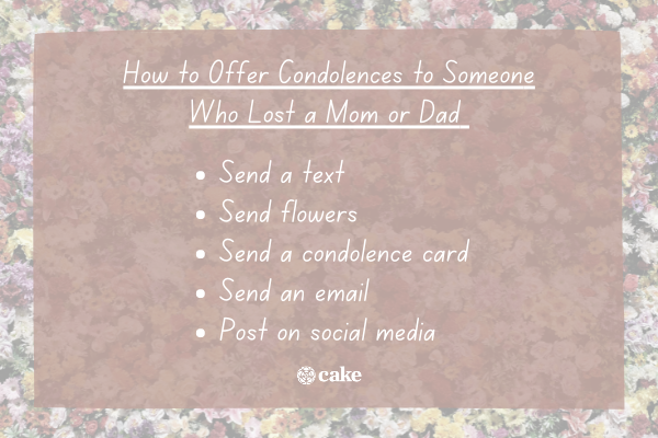 List of how to offer condolences to someone who lost a parent over an image of flowers
