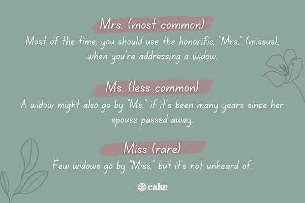 Text about when Mrs., Ms., and Miss are used to address a widow with images of leaves and a flower