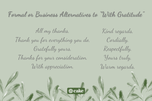 List of ways to say "with gratitude" with images of leaves
